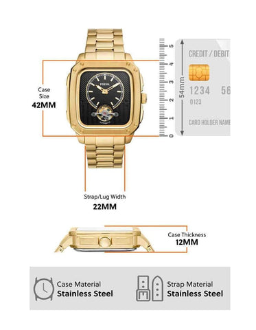 Fossil Inscription Men's Watch with Square Case and Stainless Steel, Silicone or Leather Band